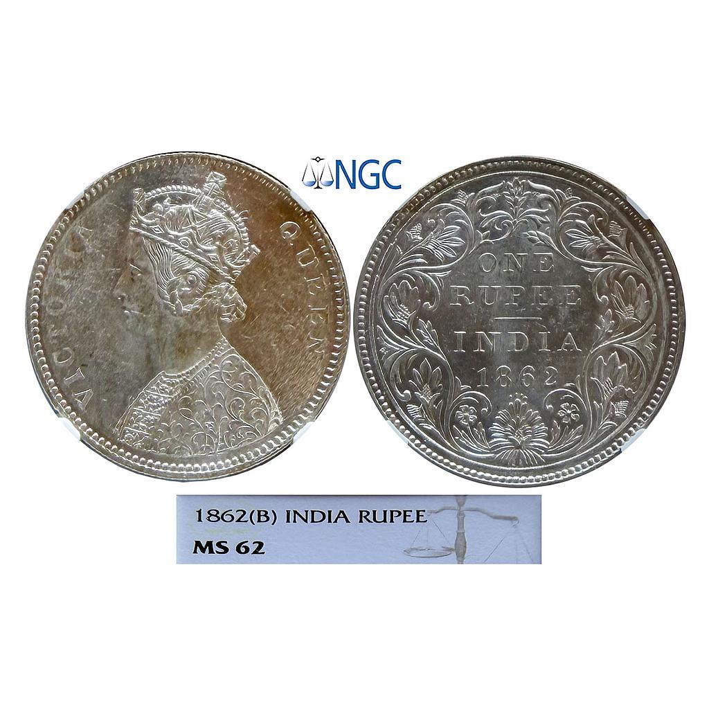 British India Victoria Queen 1862 AD Bombay Mint A / II / 0 / 4 Silver Rupee