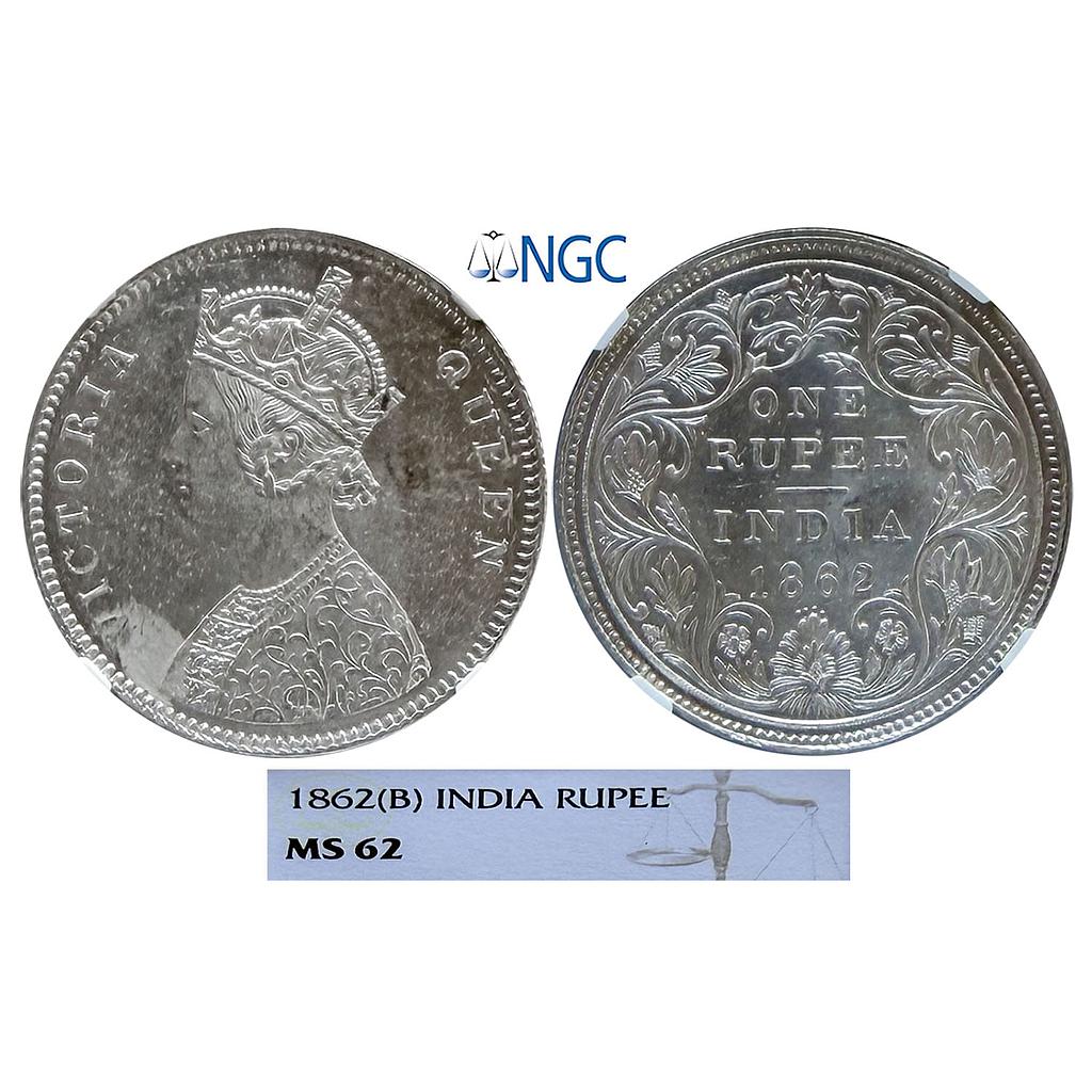 British India Victoria Queen 1862 AD Bombay Mint A / II / 0 / 4 Silver Rupee