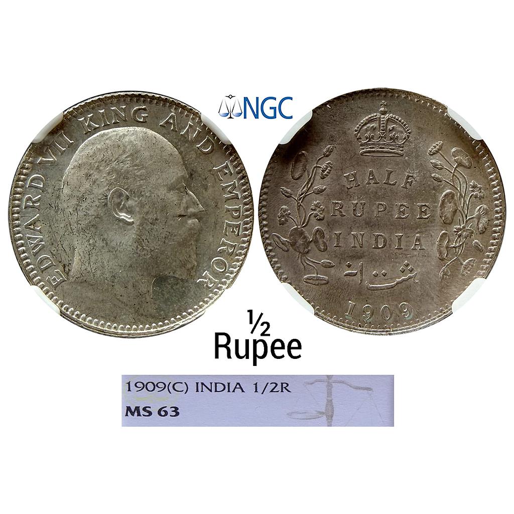 British India Edward VII 1909 AD Calcutta Mint Silver 1/2 Rupee