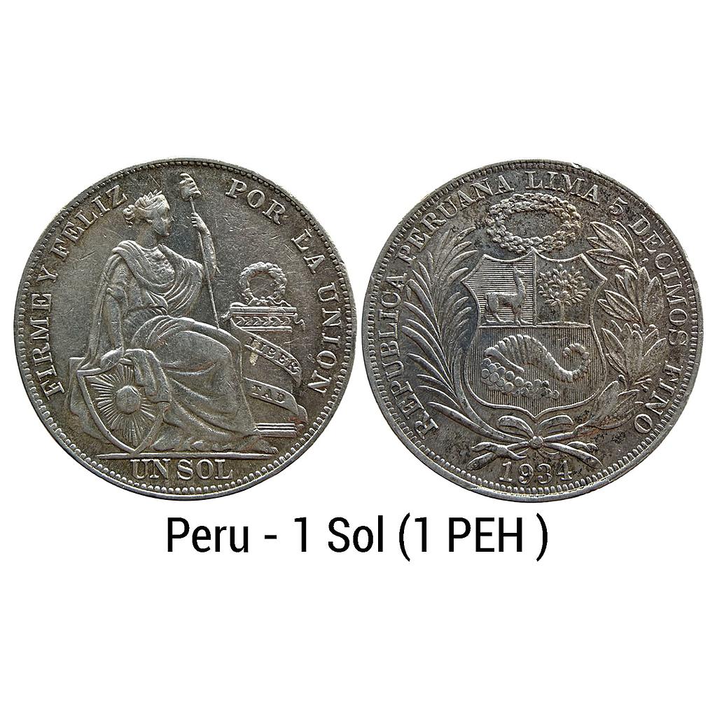 Peru 1934 AD Lima Mint Silver (.500) (Copper .400 Nickel .100) 1 Sol (1 PEH )