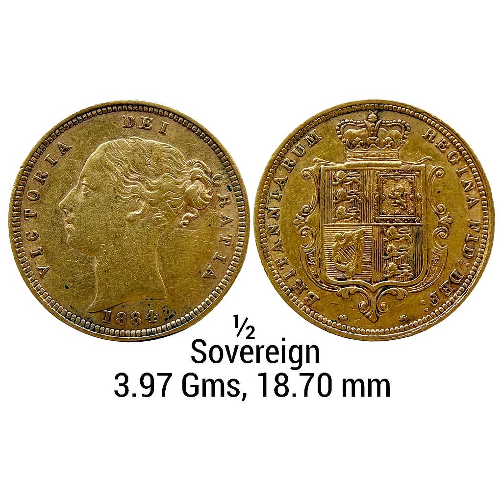 Great Britain Victoria 1884 AD Gold 1/2 Sovereign