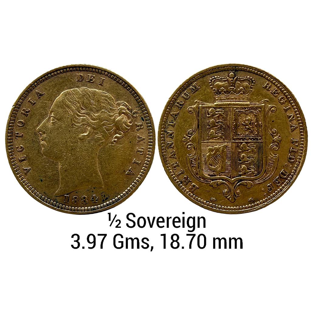 Great Britain Victoria 1884 AD Gold 1/2 Sovereign