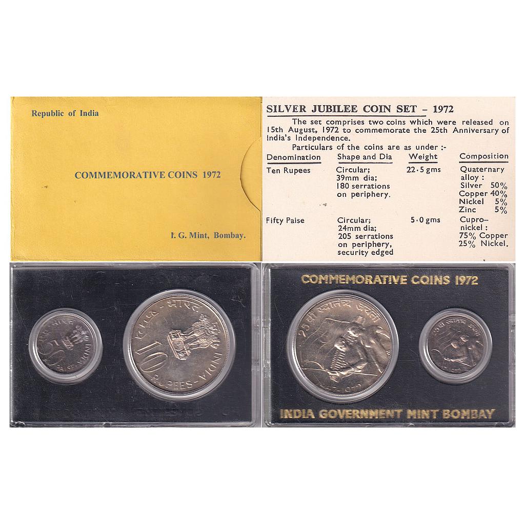 1972 AD 25th Anniversary of Independence Bombay Mint UNC Set of 2 coins Silver 50% copper 40% nickel 5% Zinc 5% 10 Rupees &amp; Cupro Nickel Copper 75% Nickel 25% 50 Paise