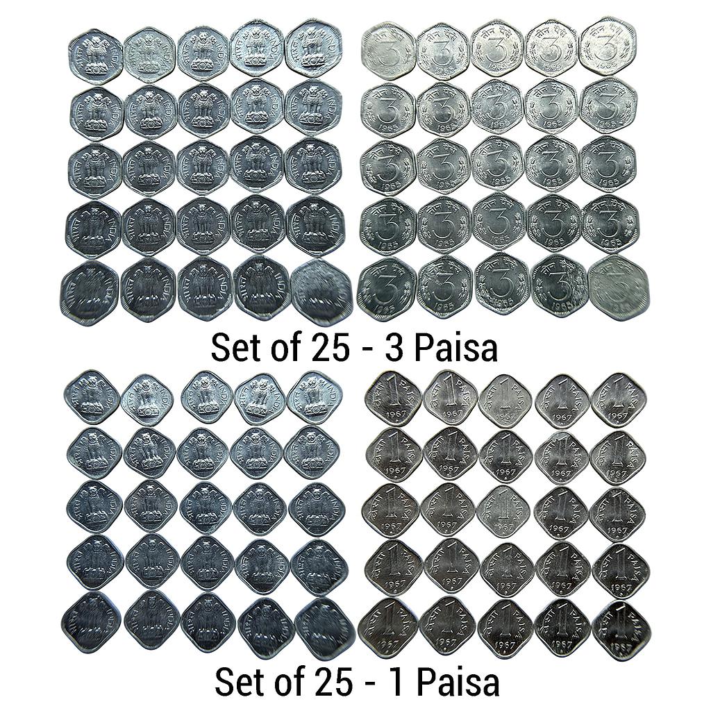 Republic India Set of 25 Coins 1965 AD 1967 AD Calcutta Mint Hyderabad Mint Aluminium 3 Paise 1 Paisa