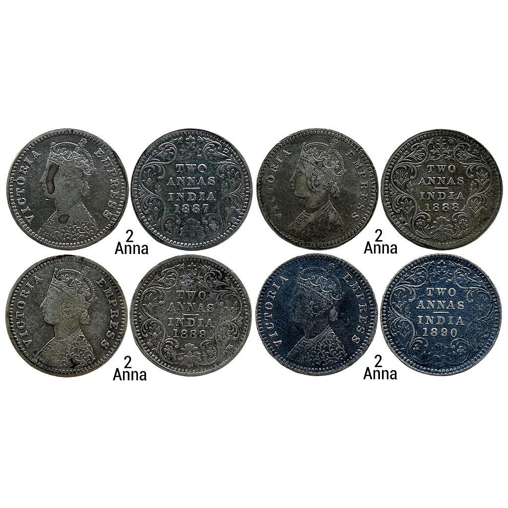 British India Victoria Empress 1887 AD 1888 AD 1889 AD 1890 AD Set of 4 Coins Bombay Mint Silver 2 Annas