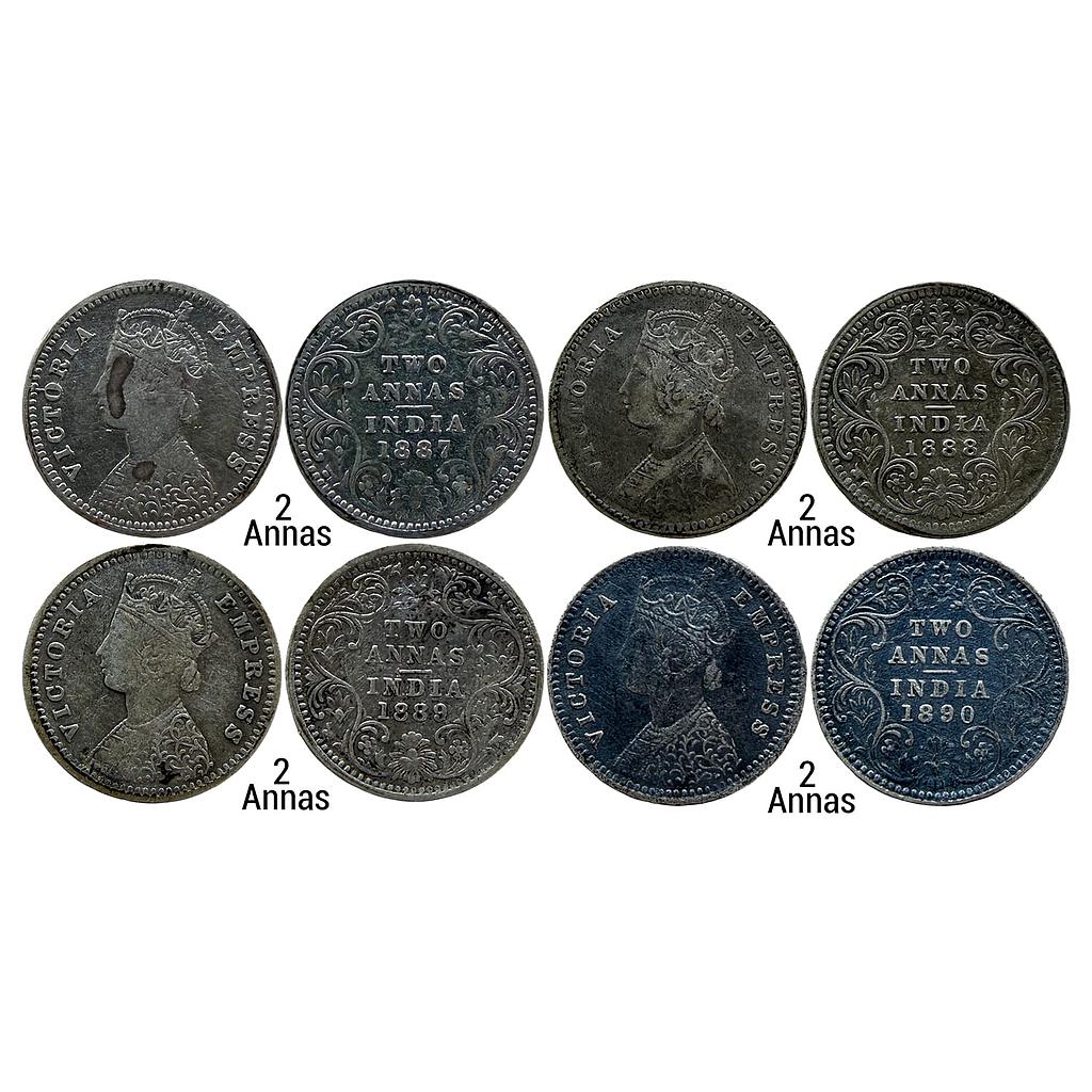 British India Victoria Empress 1887 AD 1888 AD 1889 AD 1890 AD Set of 4 Coins Bombay Mint Silver 2 Annas