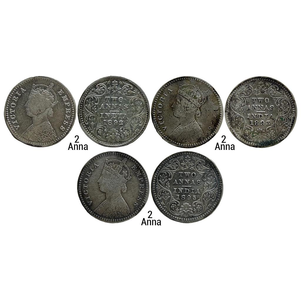 British India Victoria Empress 1892 AD 1893 AD 1895 AD Bombay Mint Calcutta Mint Set of 3 Coins Silver 2 Annas