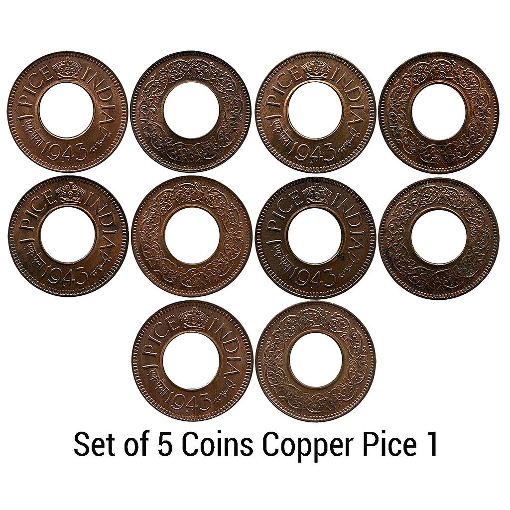 British India George VI 1943 AD Set of 5 Coins Copper Pice