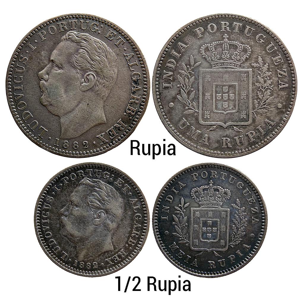 Indo Portuguese Goa Luiz I Ludwig Set of 2 Coins 1882 AD Silver (.917) Uma Rupia Rupee &amp; Silver (.920) 1/2 Rupia Meia Rupia