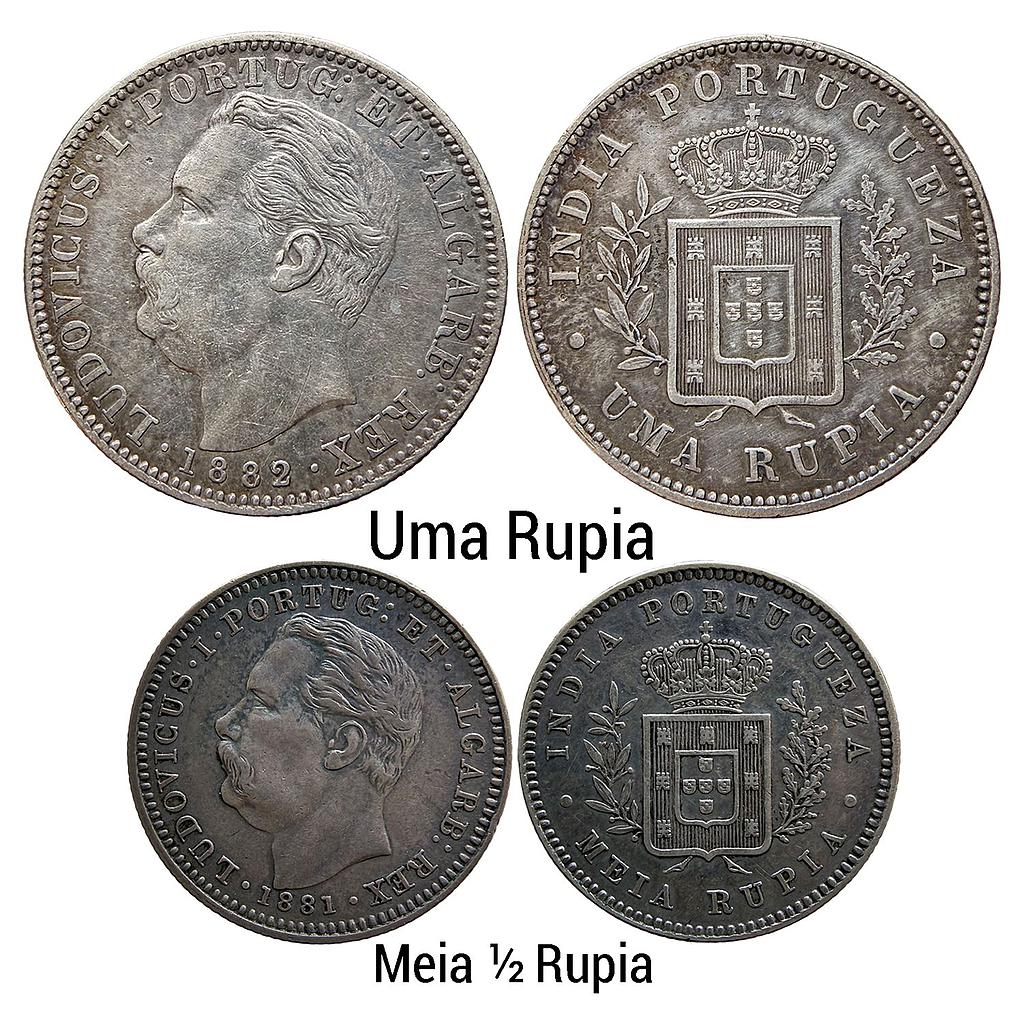 Indo Portuguese Goa Luiz I Ludwig 1881 AD Set of 2 Coins Silver (.917) Uma Rupia/Rupee &amp; Silver (.920) 1/2 Rupia Meia Rupia