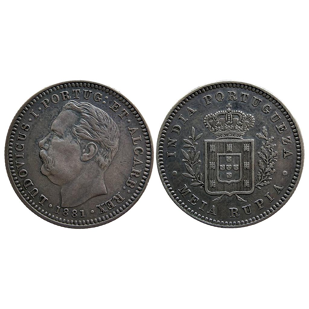 Indo Portuguese Goa Luiz I Ludwig 1881 AD Silver (.920) 1/2 Rupia Meia Rupia