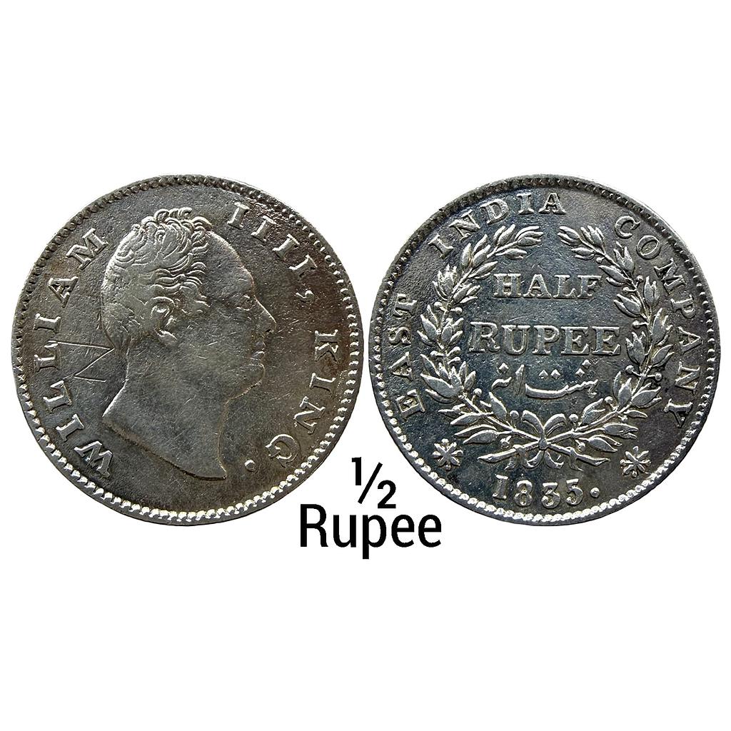EIC William IV 1835 AD Calcutta Mint F raised 19 Berries 9L+10R Silver 1/2 Rupee