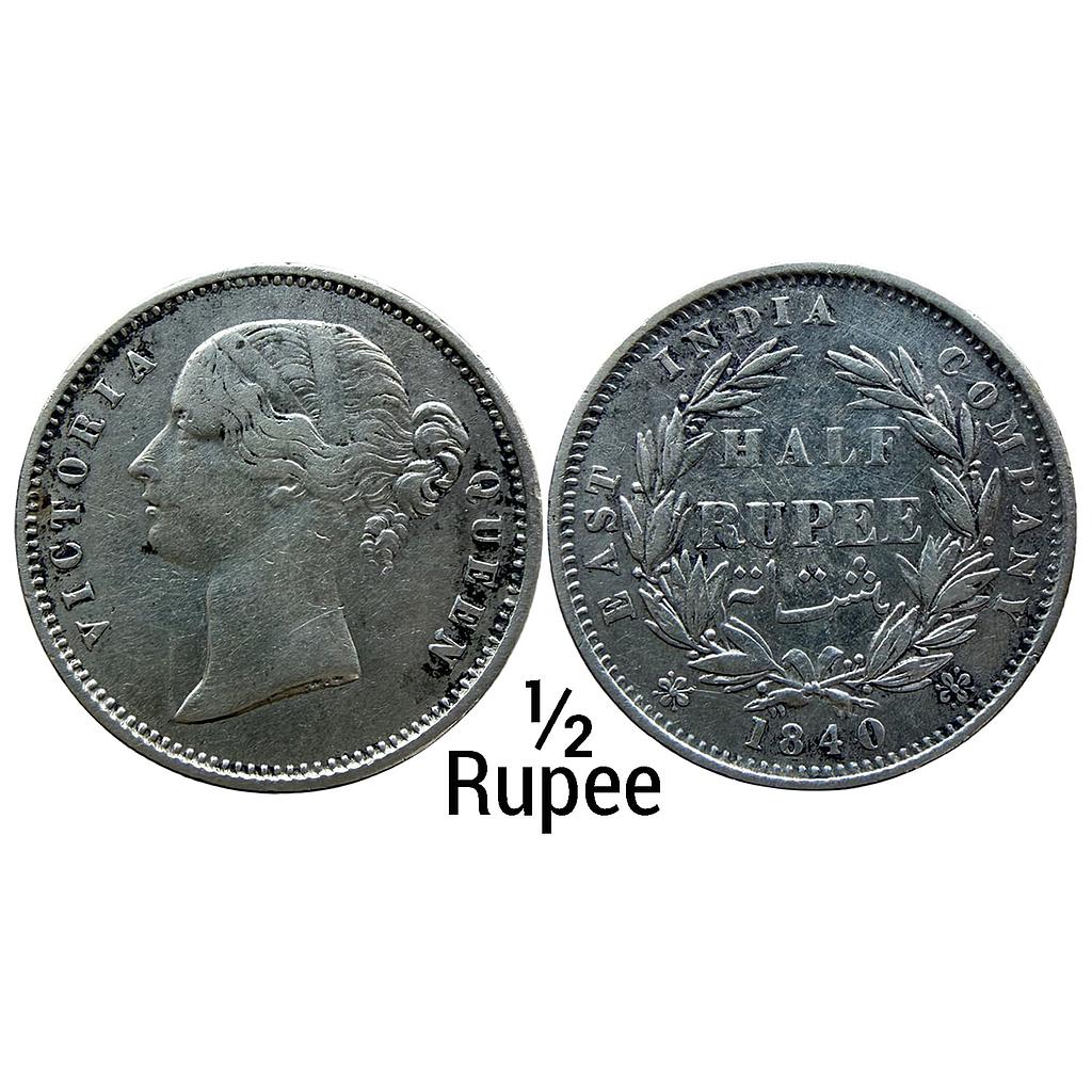 EIC Uniform Coinage Victoria Queen 1840 AD Calcutta Bombay Mint divided legend WW incuse 24 Berries Longer middle arm of E in Queen Silver 1/2 Rupee