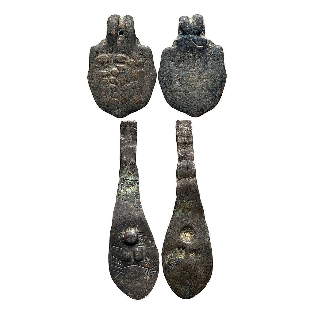 Set of 2 objects two ancient bronze copper objects likely weights or tokens