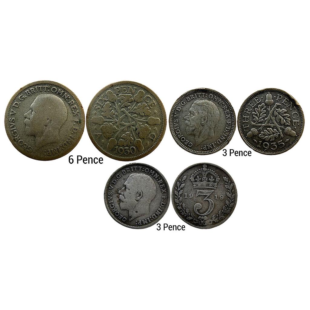 United Kingdom Set of 3 Coins George V 1930 AD 1935 AD 1919 AD Silver (.500) 6 Pence Silver (.500) 3 Pence Silver (.925) 3 Pence