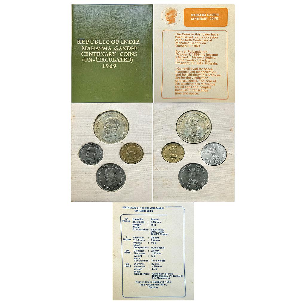 Republic India 1969 AD Mahatma Gandhi Centenary Bombay Mint UNC Set of 4 Coins