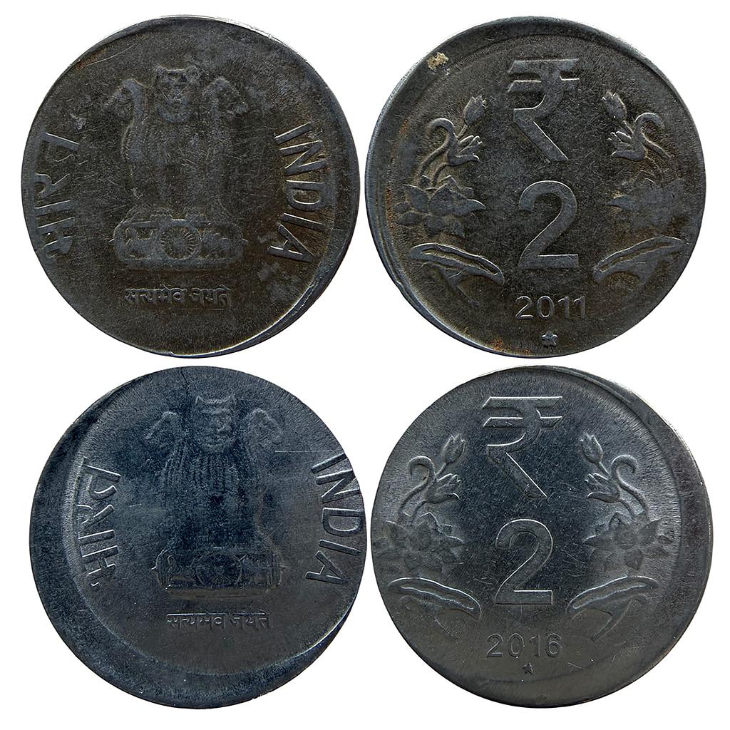 Republic India Set of 2 Coins 2011 AD 2016 AD Stainless Steel 2 Rupees