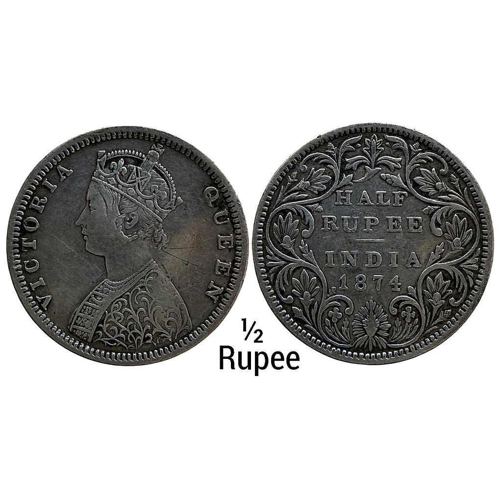 British India Victoria Queen 1874 AD Bombay Mint Obv B1 Rev II with dot Silver 1/2 Rupee