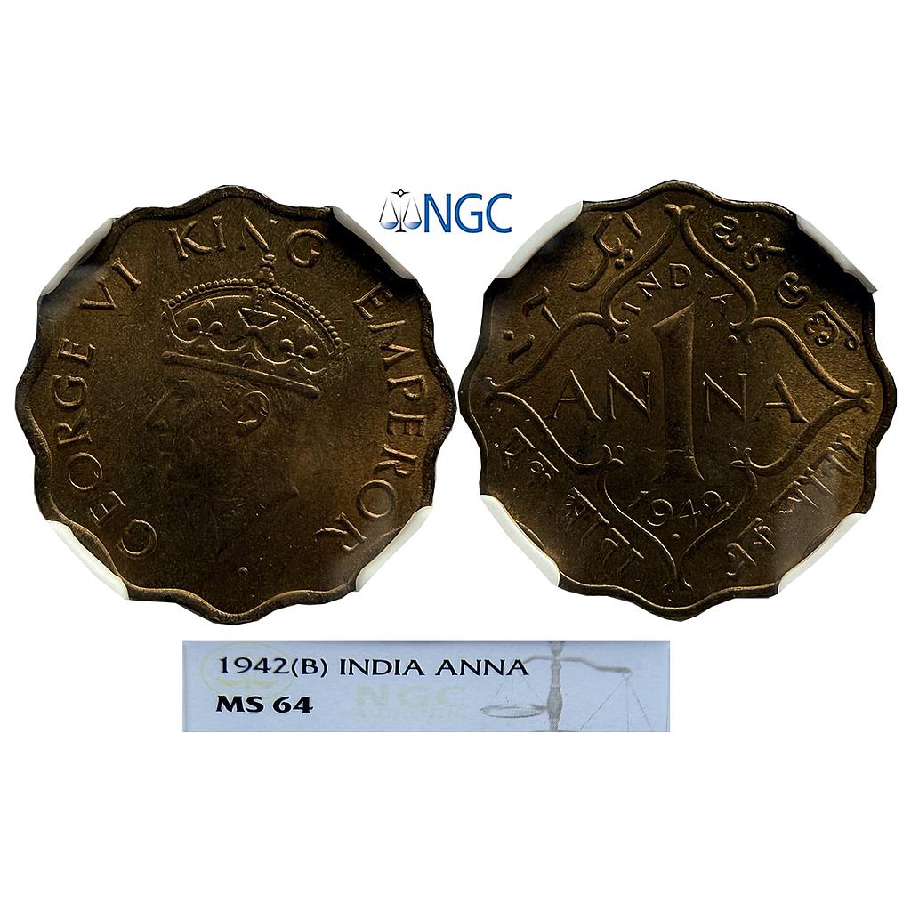 British India George VI 1942 AD Bombay Mint Dot Head Type II. F. Nickel-Brass 1 Anna