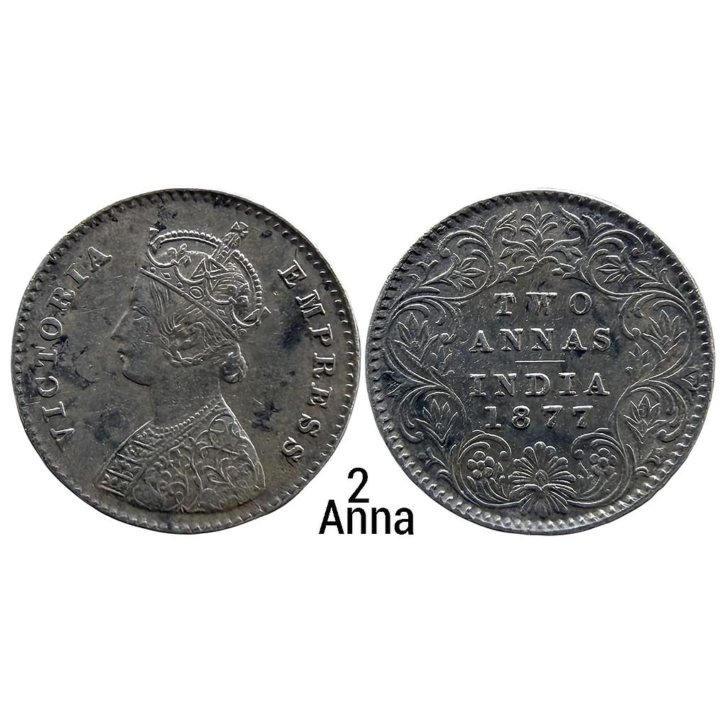 British India Victoria Empress 1877 AD Calcutta Mint A I No mint mark Silver 2 Annas