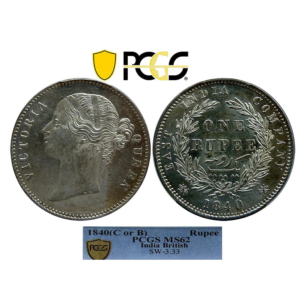 EIC Victoria Queen 1840 AD Calcutta Mint Divided Legend W.W. raised Wreath with 28 Berries 13L + 15R Silver Rupee