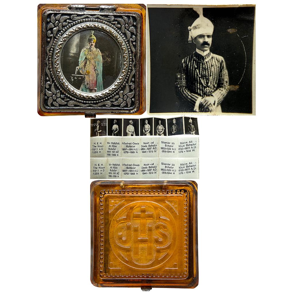Hyderabad Mir Usman Ali Khan Black &amp; White Pictures of the Nizam housed in a glass resin like orange box with a coloured photo