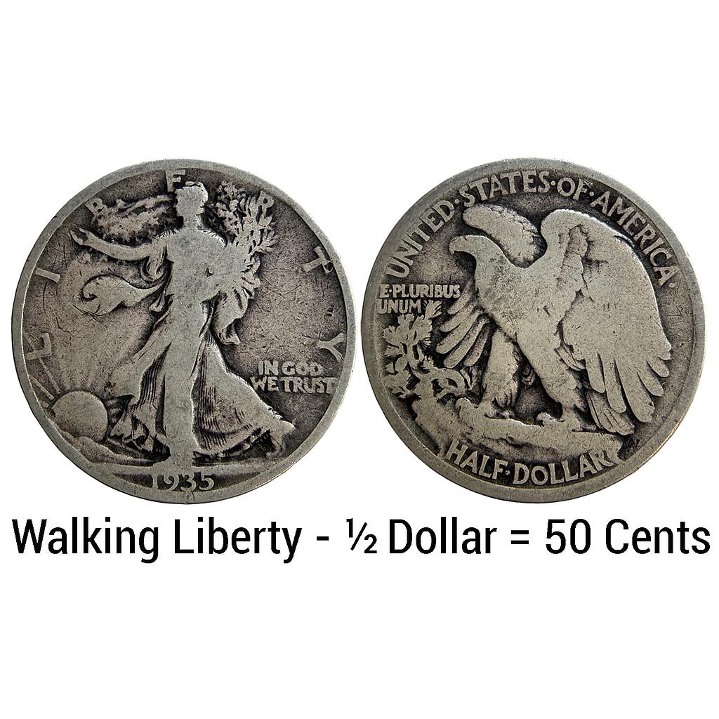United States of America Walking Liberty Half Dollar 1935 AD Philadelphia Mint Silver (.900) 1/2 Dollar = 50 Cents