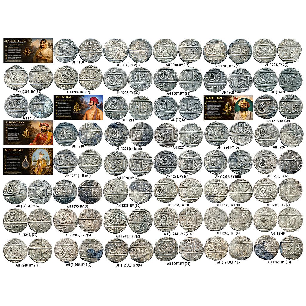IPS Indore State Ahalyabai Holkar Tukoji Rao I Kashi Rao Jaswant Rao INO Shah Alam II Malharnagar Mint Set of 43 Coins Silver Rupee