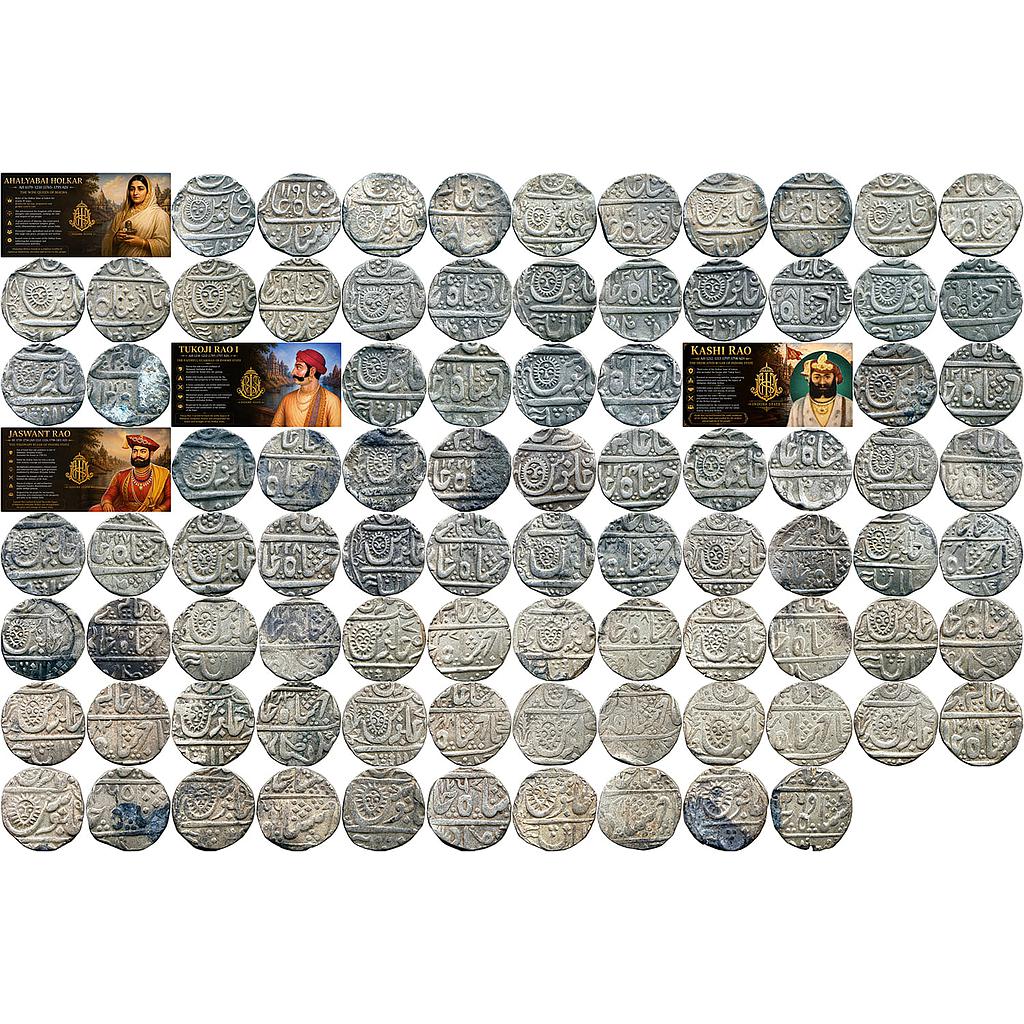 IPS Indore State Ahalyabai Holkar Tukoji Rao I Kashi Rao Jaswant Rao INO Shah Alam II Malharnagar Mint Set of 43 Coins Silver Rupee