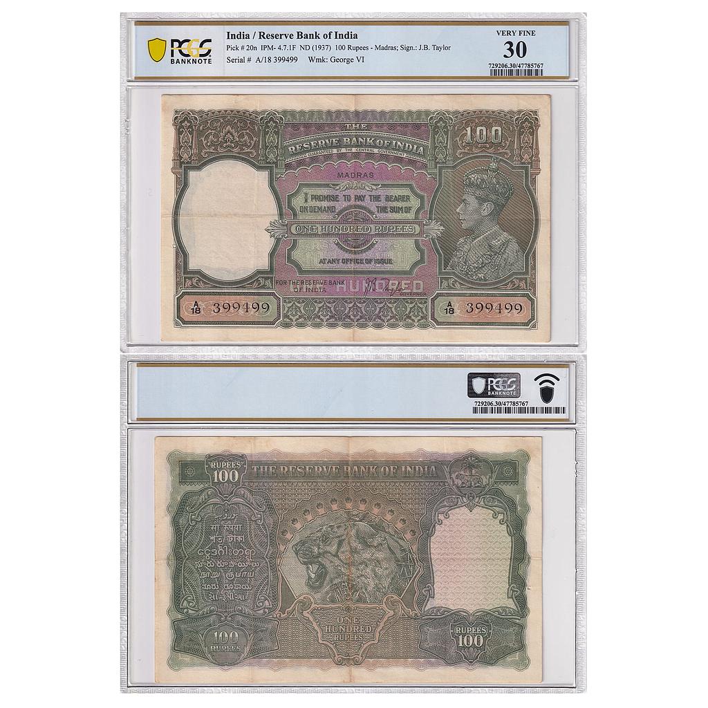 British India Reserve Bank of India George VI Serial no.: A18 399499 Signed by J.B. Taylor 100 Rupees