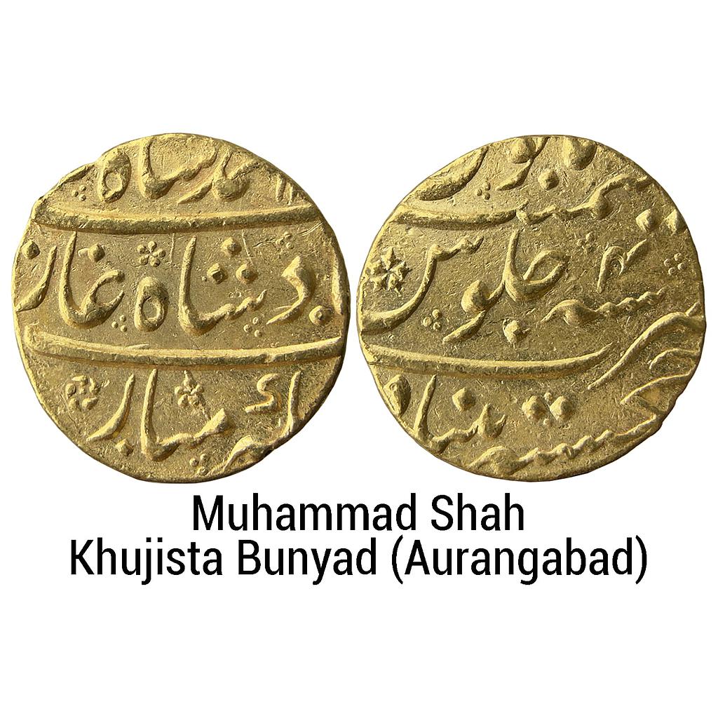 Mughal Muhammad Shah Khujista Bunyad Aurangabad Mint Gold Mohur