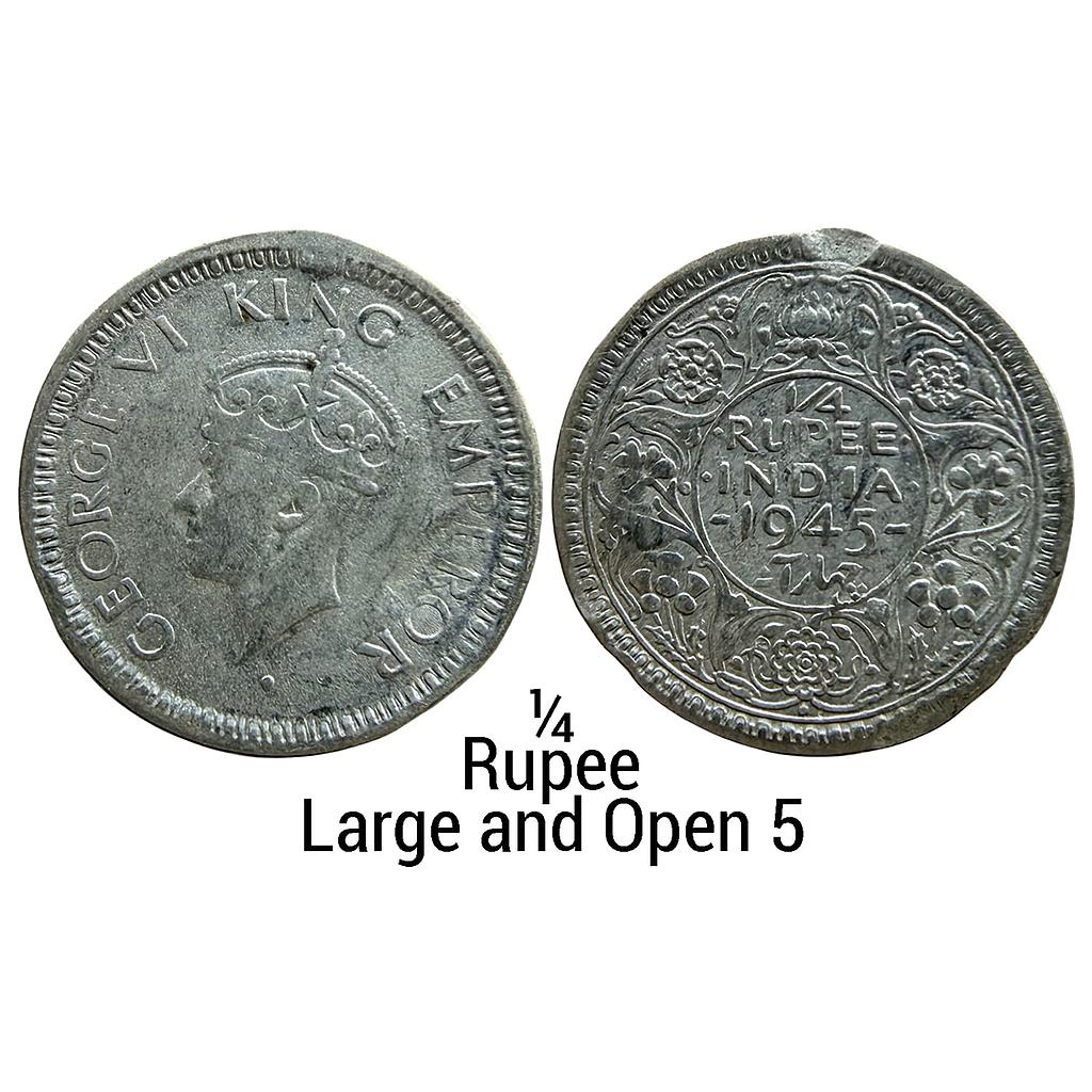 British India George VI 1945 AD Bombay Mint dot Large and Open 5 Half Silver 1/4 Rupee