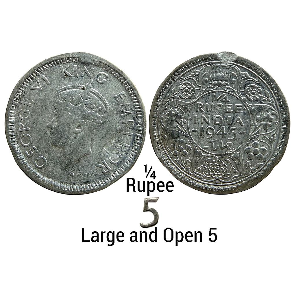 British India George VI 1945 AD Bombay Mint dot Large and Open 5 Half Silver 1/4 Rupee