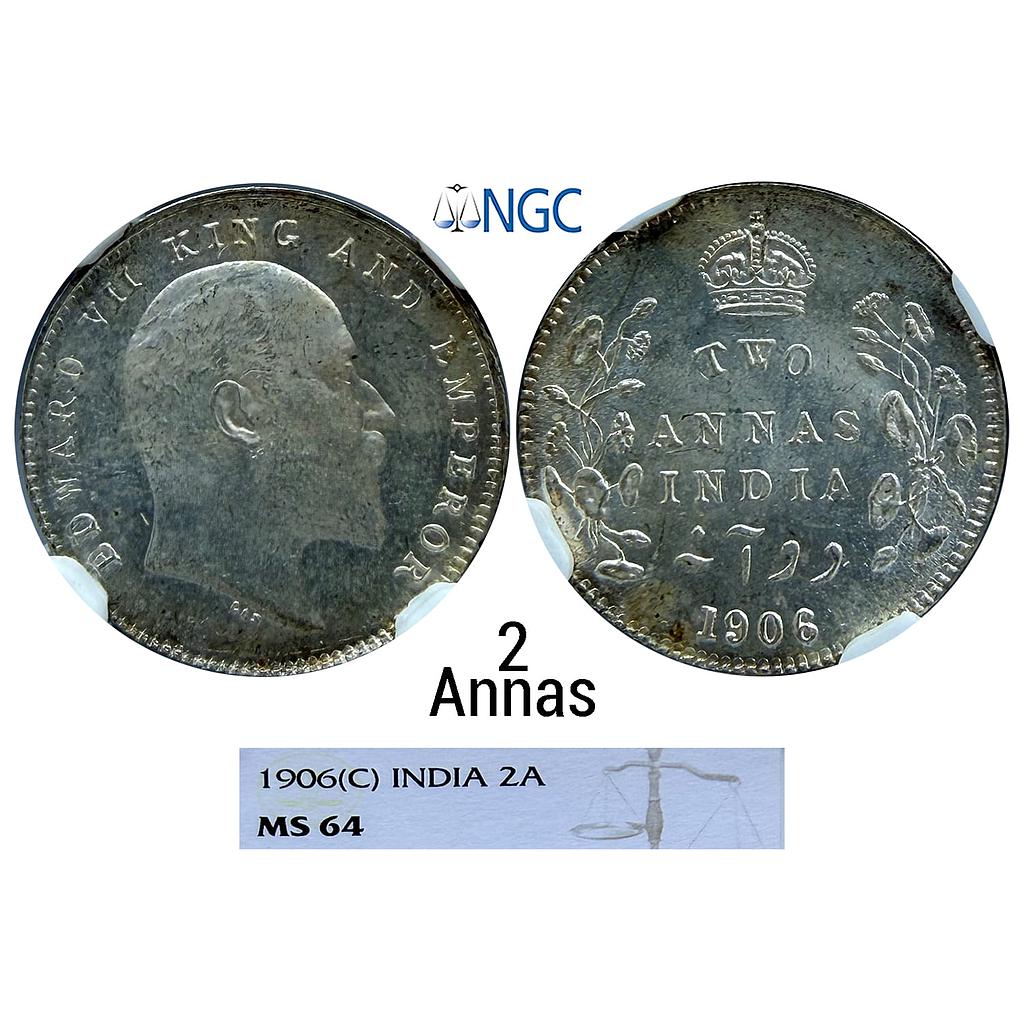 British India Edward VII 1906 AD Calcutta Mint No mint mark Silver 2 Annas