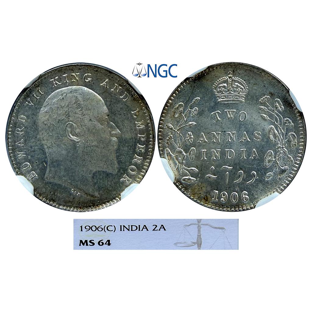 British India Edward VII 1906 AD Calcutta Mint No mint mark Silver 2 Annas