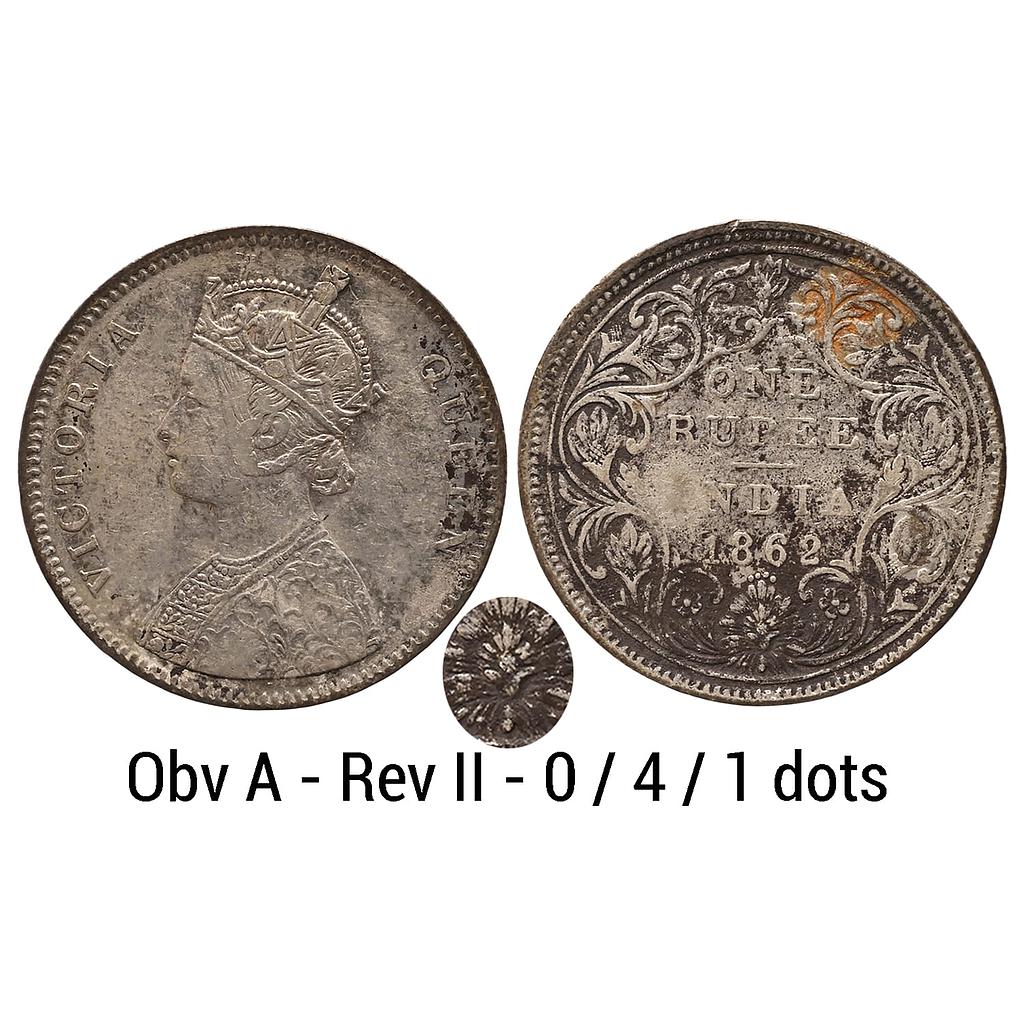 British India Victoria Queen 1862 AD Bombay Mint A / II / 0 / 4  / 1 dots Silver Rupee