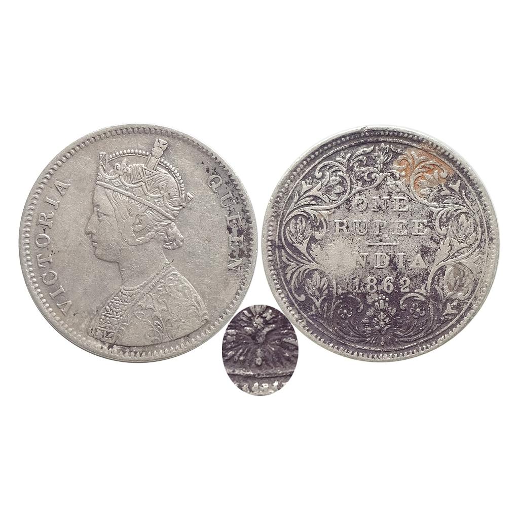 British India Victoria Queen 1862 AD Bombay Mint A / II / 0 / 4  / 1 dots Silver Rupee