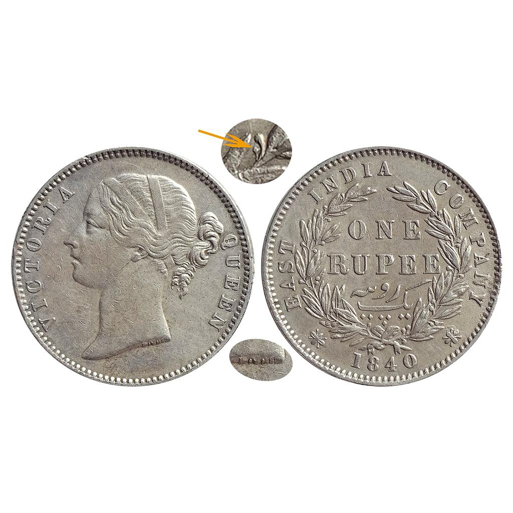 EIC, Victoria Queen, 1840 AD, DL, Madras Mint, W.W.S raised, 29 Berries (14L+15R), Silver Rupee