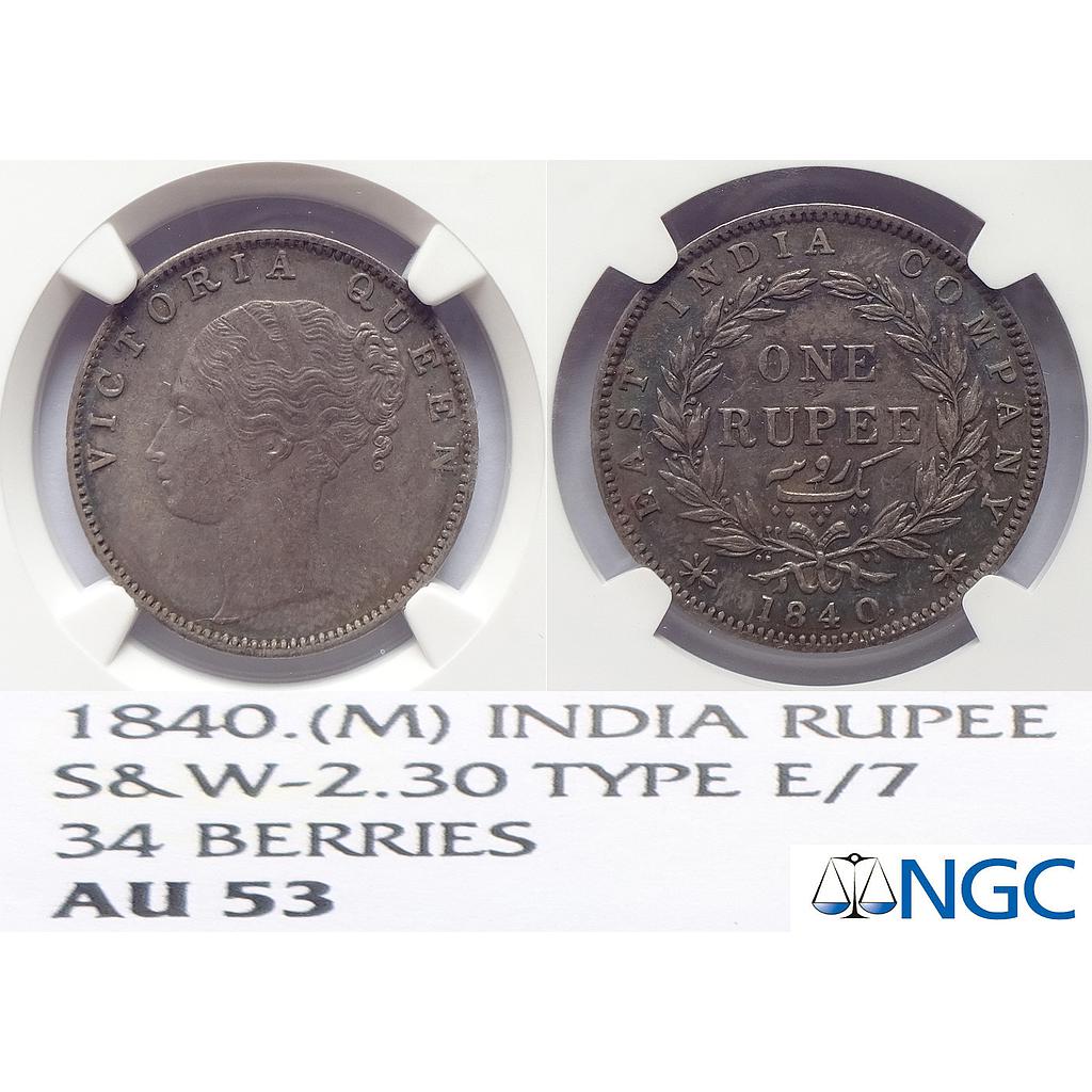 EIC, Victoria Queen, 1840 AD, CL, Madras Mint, S incuse, 34 Berries, Silver Rupee,