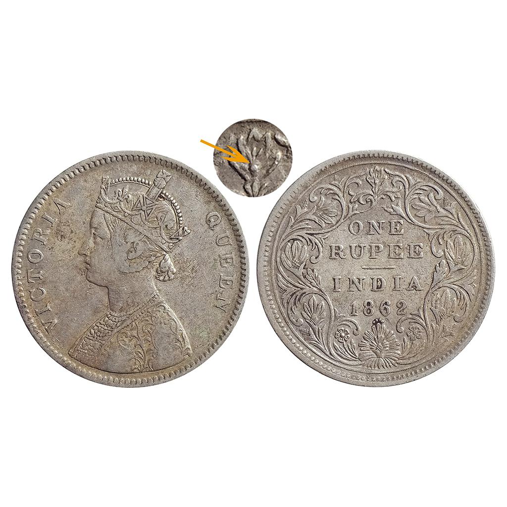 British India, Victoria Queen, 1862 AD, Bombay Mint, A / II / 1 / 4,  top dot within top flower, Silver Rupee.