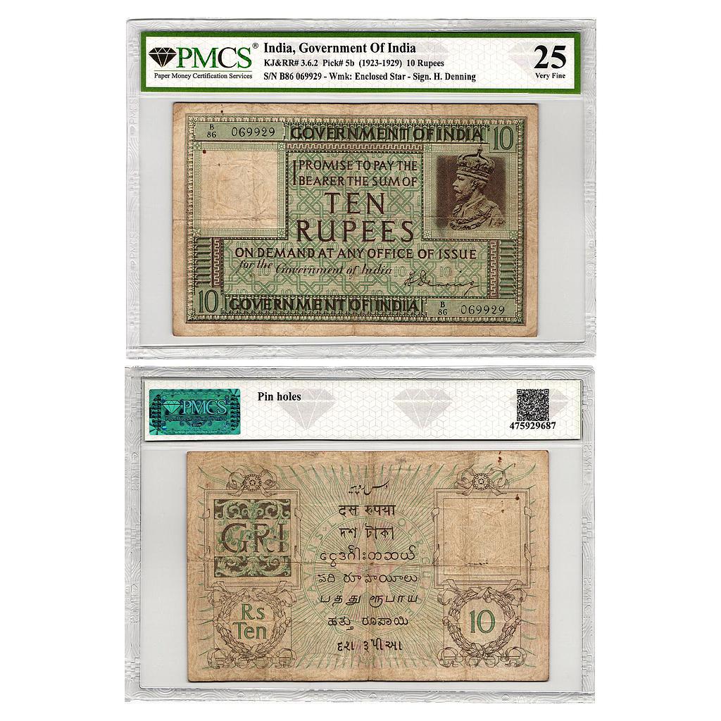 British India George V 1st issue signed by H. Denning 10 Rupees  Graded by PMCS 25 Very Fine