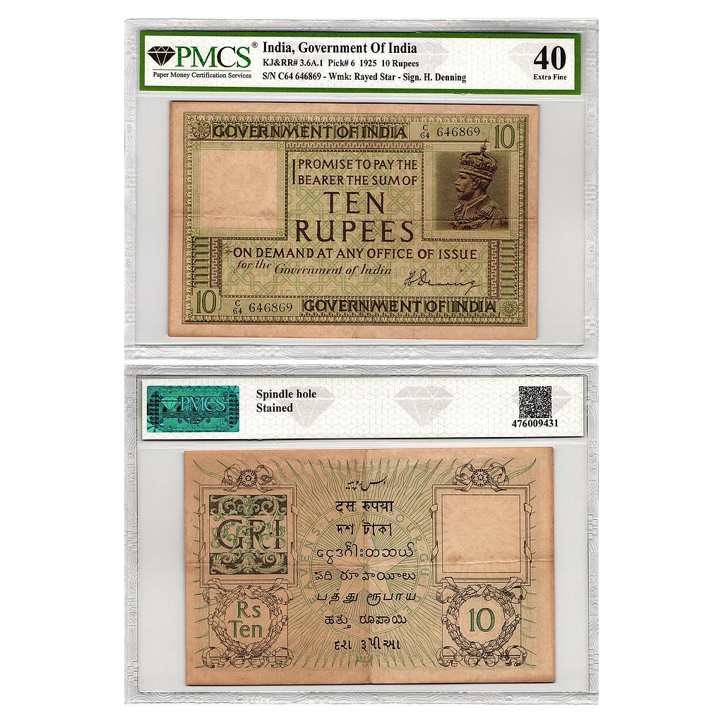 British India George V 1st issue signed by H. Denning 10 Rupees Graded by PMCS 40 Extra Fine