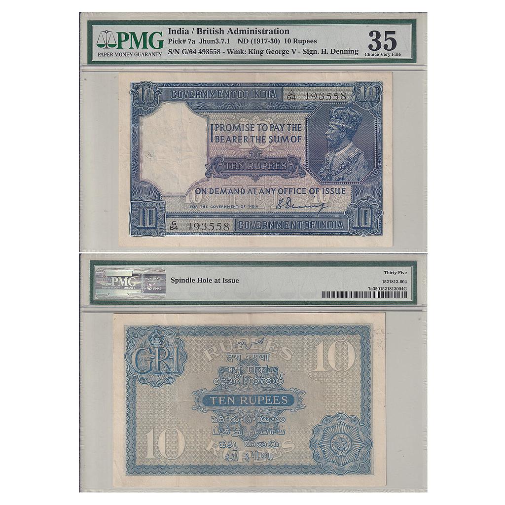 British India George V 1st issue Signed by H. Denning 10 Rupees graded by PMG as 35 choice very fine