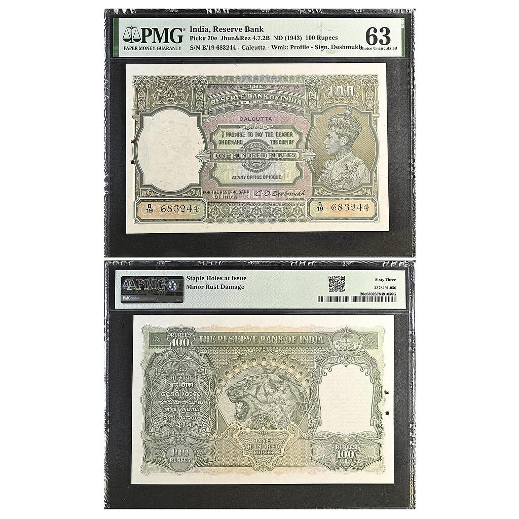 India Reserve Bank of India George VI Calcutta signed by C. D. Deshmukh 100 Rupees