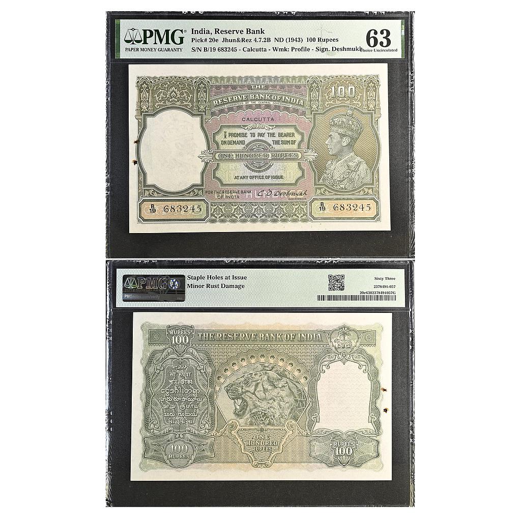India Reserve Bank of India George VI Calcutta signed by C. D. Deshmukh 100 Rupees