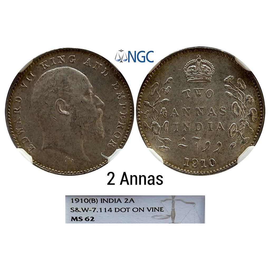 British India Edward VII 1910 AD Bombay Mint dot on the vine Silver 2 Annas