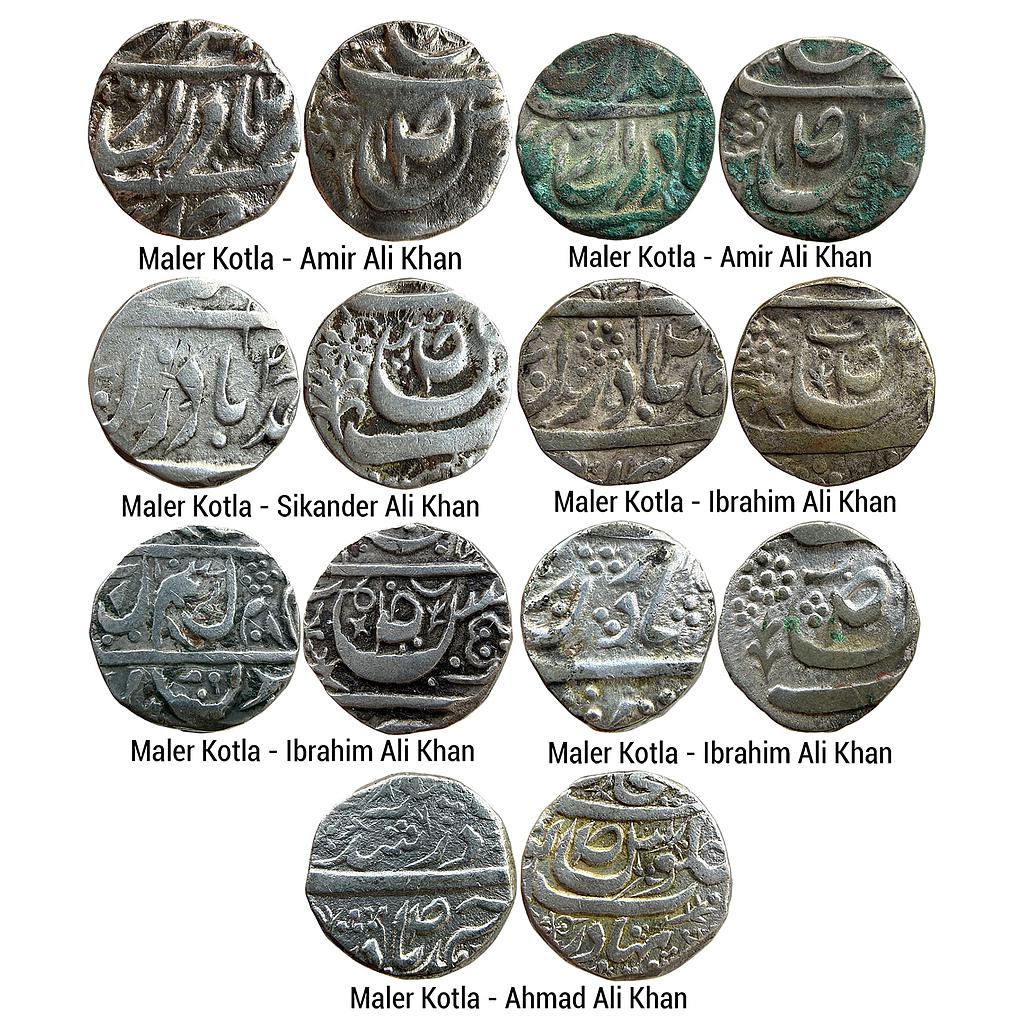 IPS Cis-Sutlej States Maler Kotla Amir Ali Khan Sikander Ali Khan Nawab Muhammad Ibrahim Ali Khan Bahadur Ahmad Ali Khan Set of 7 Coins Silver Rupee