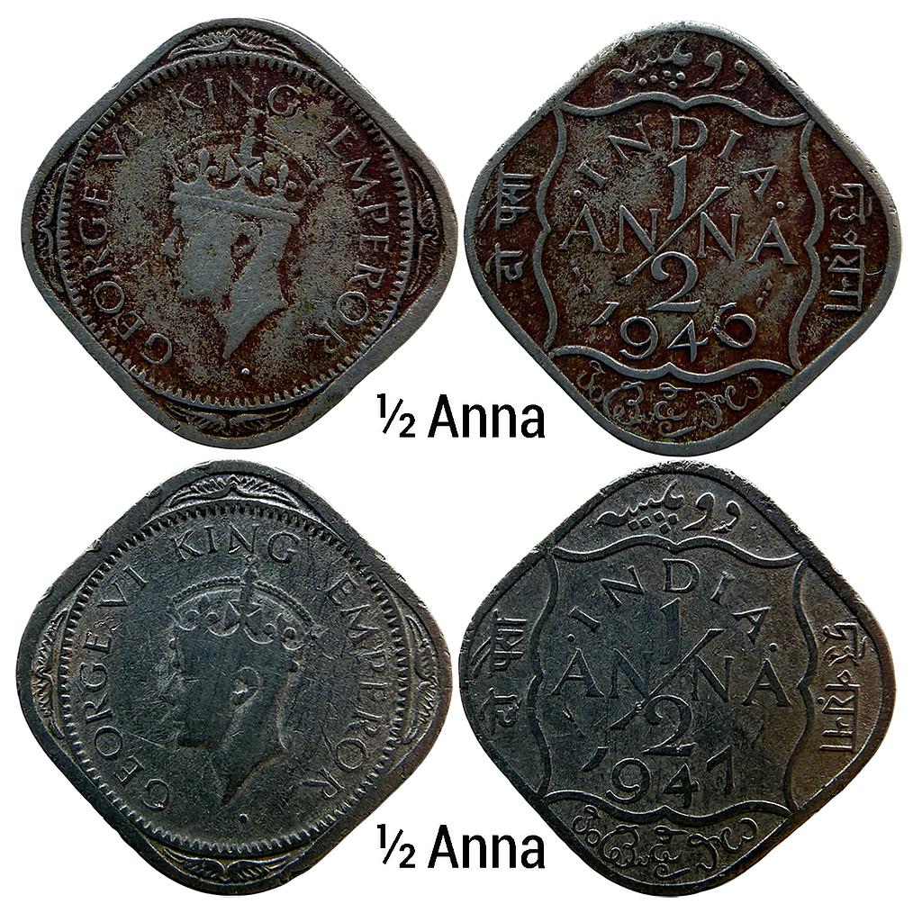 British India George VI 1946 AD 1947 AD Set of 2 Coins Cupro-Nickel 1/2 Annas