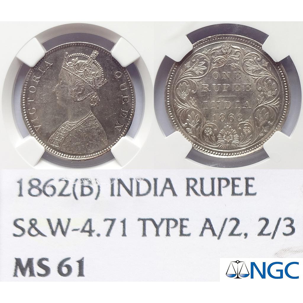 British India, Victoria Queen, 1862 AD, Bombay Mint, B / II / 2 / 3, Silver Rupee, NGC, MS 61