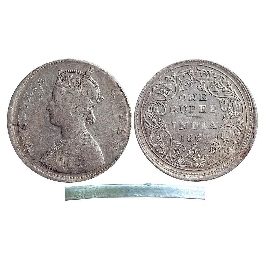 British India, Victoria Queen, 1862 AD, Bombay Mint, B / II / 0 / 4, Off center with plain edge error, Silver Rupee